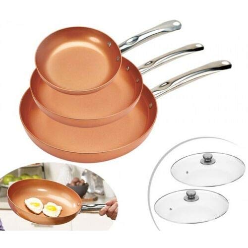 JUEGO DE 3 SARTENES 2 TAPAS COLOR COBRE COPPER PAN APTO PARA HORNO MANGO ACERO