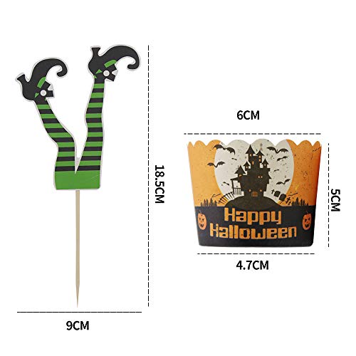 Juego de 74 decoraciones de Halloween para magdalenas, 24 piezas de papel de brujas, patas de Halloween y 50 tazas de papel de Halloween, pasteles, decoraciones para hornear
