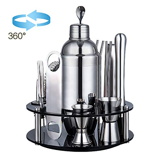 Juego de Coctelera,Herramientas de Barra de Coctelera de Acero iIoxidable de 18 Piezas,con Soporte Giratorio de Exhibición,Kit Premium de Barman para El Hogar,Bares,Viajes y Fiestas El Aire Libre
