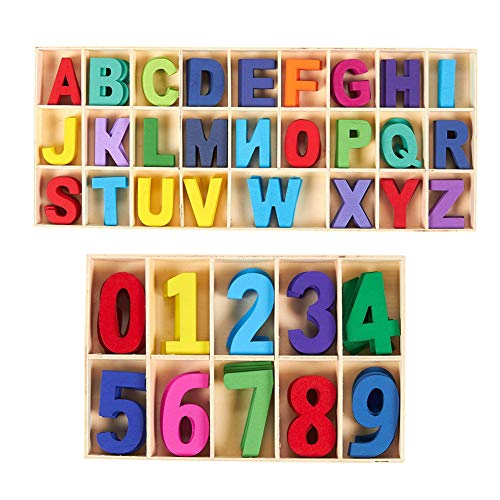 Juego de letras y números de madera de 216 pcs - Letras mayúsculas de madera con bandeja de almacenamiento - Letras de madera de alfabeto para manualidades con números de madera natural suave