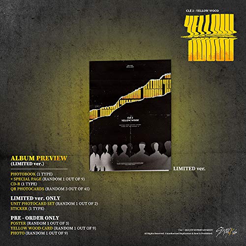 JYP Stray Kids Clé 2 - Camiseta de manga corta (madera), color amarillo CD + foto + 3 tarjetas fotográficas + unidad para fotos + pegatinas, póster plegable + juego de tarjetas de fotos doble cara