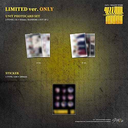 JYP Stray Kids Clé 2 - Camiseta de manga corta (madera), color amarillo CD + foto + 3 tarjetas fotográficas + unidad para fotos + pegatinas, póster plegable + juego de tarjetas de fotos doble cara
