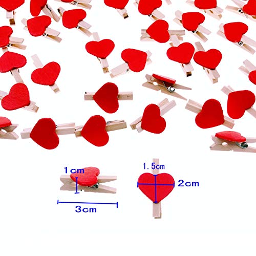 JZK 100 X Mini pinzas de foto de madera clips corazon rojo y 30m cordel de yute para fiesta de bodas foto titular de tarjeta de decoración y bricolaje artesanal