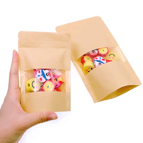 JZK 100 x Resellable bolsas de papel kraft marrón con ventana cierre zip para llevar comida almuerzo fruta pan dulces galleta sándwichera, 50 pcs 10x15 cm + 50 pcs 12x20 cm