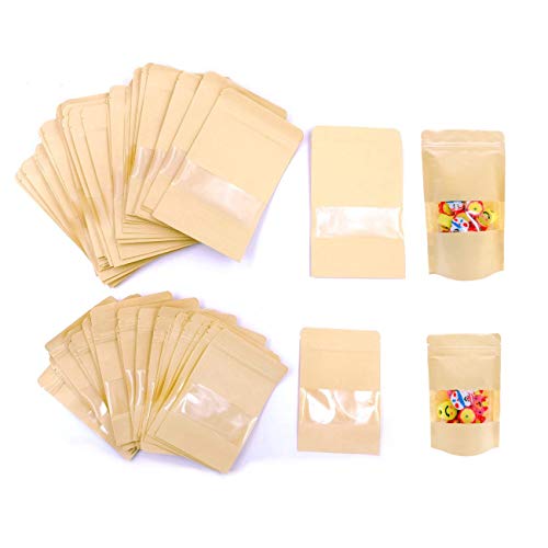 JZK 100 x Resellable bolsas de papel kraft marrón con ventana cierre zip para llevar comida almuerzo fruta pan dulces galleta sándwichera, 50 pcs 10x15 cm + 50 pcs 12x20 cm