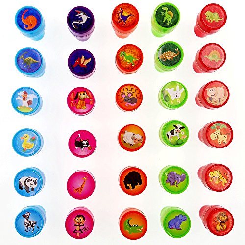 JZK Animal de Granja + Dinosaurio + Animal Salvaje, 30 Sellos de Tinta para niños Conjunto de Sellos estampador Auto entintado para niños Relleno de Bolsa de Fiesta de cumpleaños Favor Fiesta