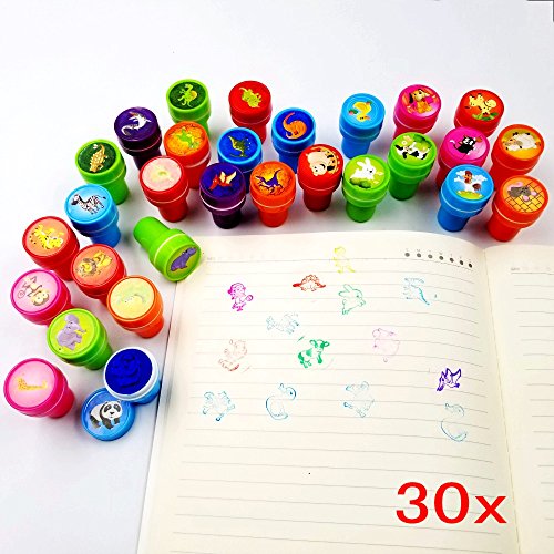 JZK Animal de Granja + Dinosaurio + Animal Salvaje, 30 Sellos de Tinta para niños Conjunto de Sellos estampador Auto entintado para niños Relleno de Bolsa de Fiesta de cumpleaños Favor Fiesta