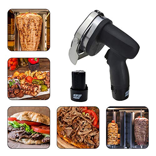 Kacsoo Cuchillo inalámbrico Kewar Shawarma Doner Kebab Portátil Inalámbrico Eléctrico Acero Inoxidable Cortador de Kebab Turco de Mano Cortador Profesional Espesor 0-8 mm con 2 Cuchillas