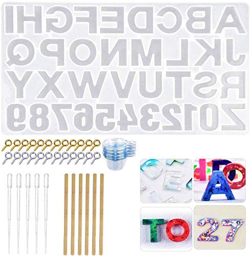KAHEIGN Molde de Fundición para Bricolaje, Molde de Resina Epoxi con Número de Letras, Alfabeto, Joyas, Molde de Silicona Para Llavero, Colgantes, Herramientas de Enseñanza