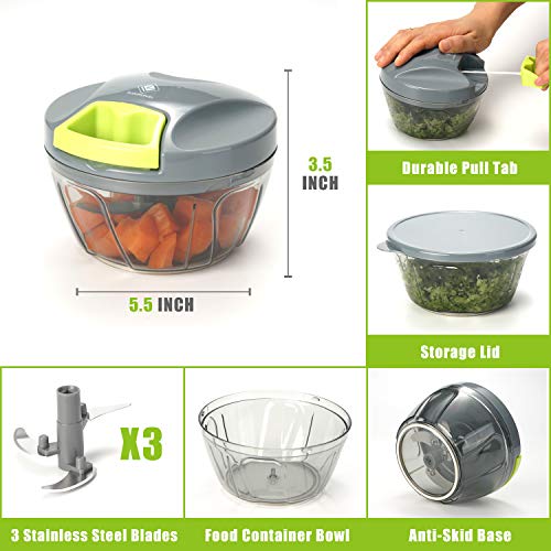 Kalokelvin Picadora Manual, Cortador de Verduras Mini Picadora Manual de Verduras/Ajo y Cebolla/Frutos Secos/Perejil/Carne, Picadora de Alimentos con Cuerda (400ML)