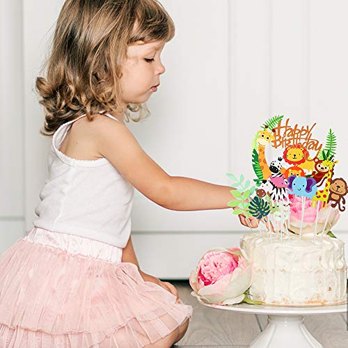 Keilafu Primeros de la torta, pancarta de pastel, Juego de 29 adornos para decoración de tartas de feliz cumpleaños para niños, adornos para cupcakes con tema de zoológico de dibujos animados
