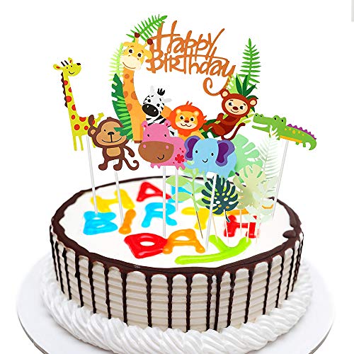 Keilafu Primeros de la torta, pancarta de pastel, Juego de 29 adornos para decoración de tartas de feliz cumpleaños para niños, adornos para cupcakes con tema de zoológico de dibujos animados