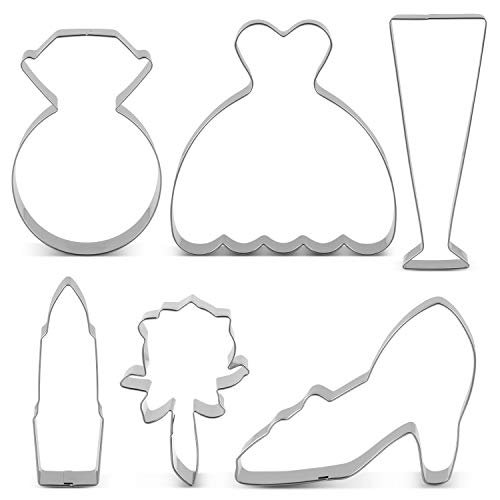 KENIAO Boda Cortadores Galletas para Compromiso - 6 Piezas - Anillo de Diamantes, Vestido de Novia, Copa de Champagne, Lápiz Labial, Rosa y Tacones Altos Moldes para Galletas - Acero Inoxidable