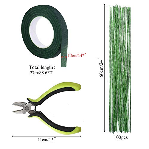 KINDPMA 5Pcs Cinta Floral Verde Tape Floral 27M 100Pcs Alambre Floral 60CM con Un Alicate de Alambre Florista Kit de Arreglos Florales para Romos de Flores