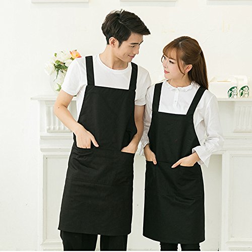 (Kit de 2) Unisex Delantal Mandil Original de Peto de Chef de Cocina + Gorro Cocinero para Hombre Mujer Negro Talla Única