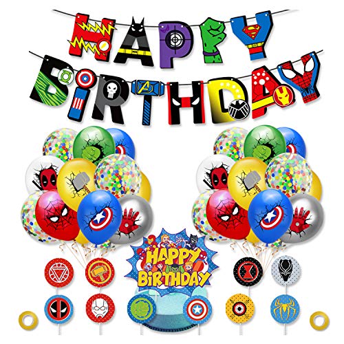 Kit de Decoraciones de Cumpleaños de Superhéroes Globos de Superhéroe Globos de Látex deSuperhéroes Cupcake Toppers Pancarta de Fiesta de Superhéroes Suministros de Fiesta Temáticos de Superhéroes