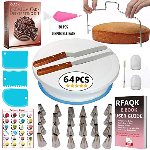 Kit de pastelería con 42 utensilios RFAQK | Torta giratoria para glaseado y decoración, bolsillos y casquillos, espátula, cuernos y más | Equipamiento de cocina para principiantes y profesionales