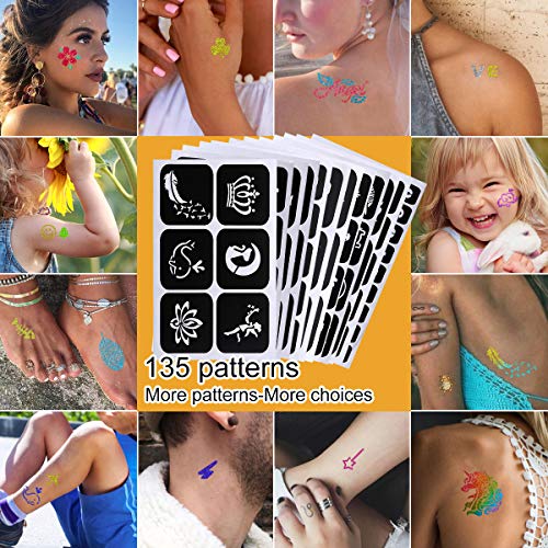 Kit de Tatuajes Temporales-GLAMADOR Brillo de Tatuaje 30 Colores, 145 Únicas Plantillas,4 Pinceles-Carnaval,Fiestas Cumpleaños,Eventos- Impermeable,No Tóxico,Regalo para Niños