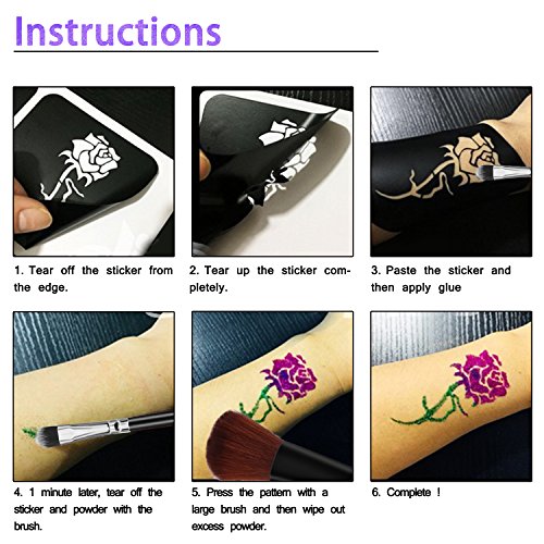 Kit de Tatuajes Temporales, Pintura Facial para el Cuerpo con 24 Colores de Brillo y 150 Hojas Únicas Plantilla de Tatuaje Temático Impermeable y 5 Pinceles para Niños en Fiestas Cumpleaños y Eventos