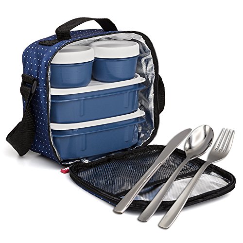 Kit Urban Food con Cubiertos en Acero Inoxidable 18/0 Niquel Free - Bolsa Térmica Porta Alimentos con 4 Tapers Herméticos. Dots Azul