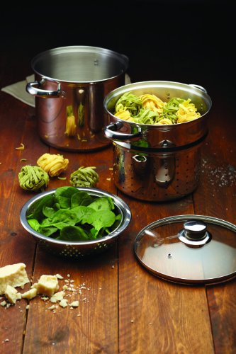 Kitchen Craft World of Flavours-Olla para Pasta con colador y Cesta vaporera de Verduras (Acero Inoxidable), Plateado, 20 cm