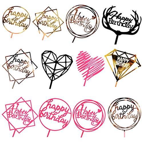 Kitchen-dream 12 Piezas Feliz cumpleaños Cake Topper Acrílico Cupcake Toppers Decoración del Partido Decoración de Pastel de acrílico Brillo, Decoraciones de Boda