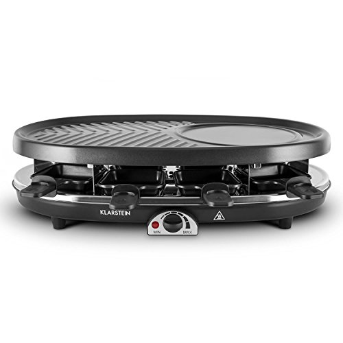 Klarstein All-U-Can Steaklette Raclette - Parrilla de mesa, Barbacoa-Party, 1500W, regulador de temperatura, Plancha de granito, Crepera, plancha para tortitas, 8 mini-sartenes, Negro-plateado