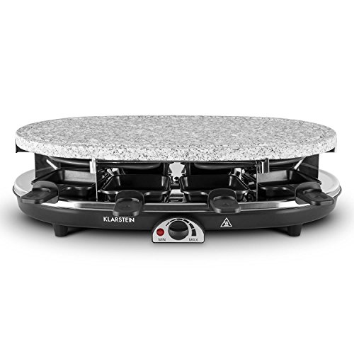 Klarstein All-U-Can Steaklette Raclette - Parrilla de mesa, Barbacoa-Party, 1500W, regulador de temperatura, Plancha de granito, Crepera, plancha para tortitas, 8 mini-sartenes, Negro-plateado