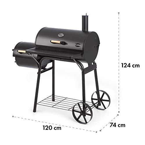 KLARSTEIN Beef Brisket Barbacoa ahumadora - Parrilla para carbón, Parrilla de Acero Inoxidable, Termómetro en la tapadera, 2 Ruedas Grandes, Negro