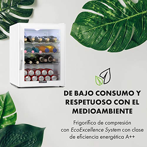 Klarstein Beersafe XL Quartz - Refrigerador de bebidas, Nevera, 60 litros de capacidad, Eficiencia energética de clase A++, Puerta frontal de vidrio, Iluminación interior, Diseño compacto, Blanco