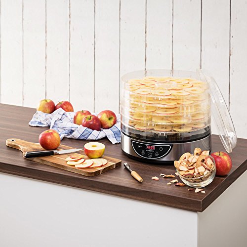 Klarstein Fruitower D Deshidratador Automatico de Alimentos - Secador Vegetales, Setas, Carnes y Frutas, 35-70ºC, Temporizador, 200 240 W, Acero Inoxidable, Plateado
