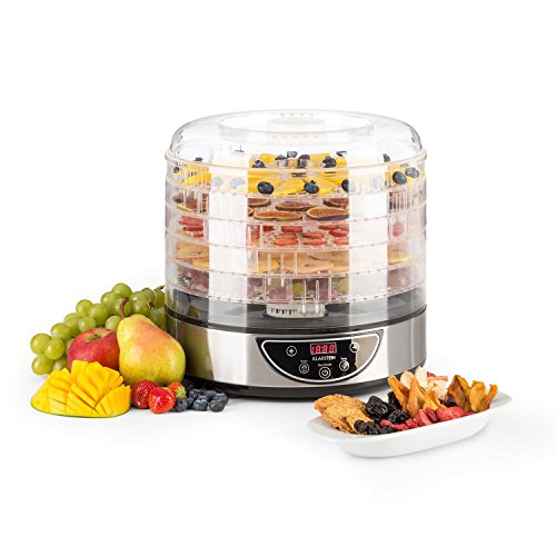Klarstein Fruitower D Deshidratador Automatico de Alimentos - Secador Vegetales, Setas, Carnes y Frutas, 35-70ºC, Temporizador, 200 240 W, Acero Inoxidable, Plateado