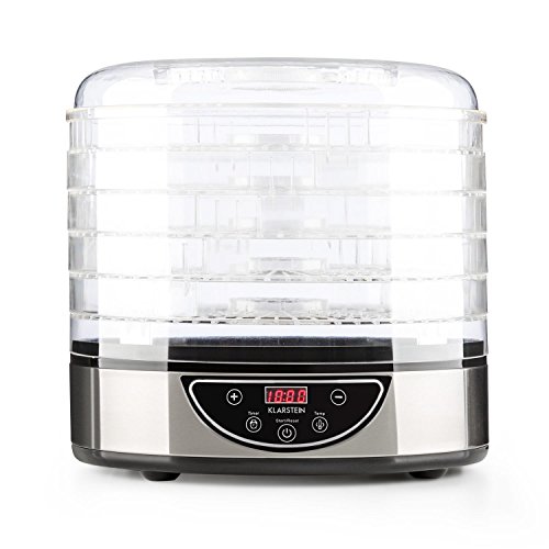 Klarstein Fruitower D Deshidratador Automatico de Alimentos - Secador Vegetales, Setas, Carnes y Frutas, 35-70ºC, Temporizador, 200 240 W, Acero Inoxidable, Plateado