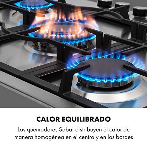 Klarstein Ignito - Placa de cocina a gas, Autárquico, Quemador Sabaf, Gas natural/propano, Válvula de seguridad, Autoapagado, Vitrocerámica, Rejillas de hierro fundido, 75 cm, 5 fuegos, Plateado