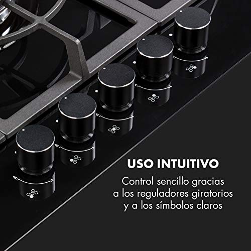 Klarstein Ignito - Placa de cocina a gas, Autárquico, Quemador Sabaf, Gas natural/propano, Válvula de seguridad, Autoapagado, Vitrocerámica, Rejillas de hierro fundido, 75 cm, 5 fuegos, Negro