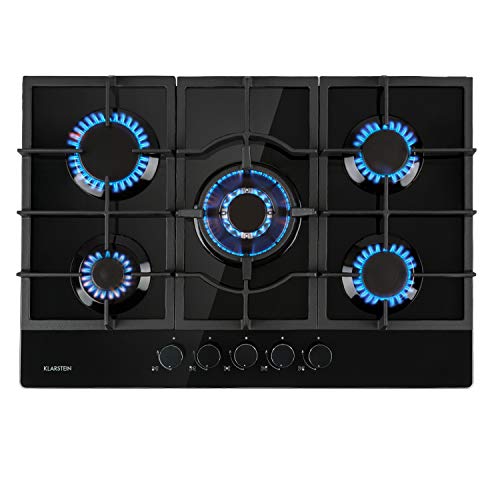 Klarstein Ignito - Placa de cocina a gas, Autárquico, Quemador Sabaf, Gas natural/propano, Válvula de seguridad, Autoapagado, Vitrocerámica, Rejillas de hierro fundido, 75 cm, 5 fuegos, Negro