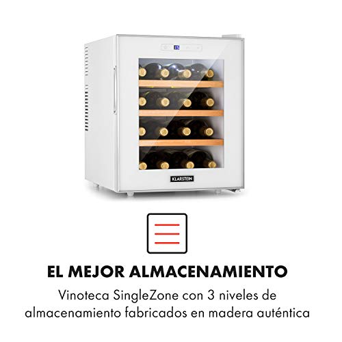 Klarstein Reserva 16 Blanco nevera para vinos - Vinoteca termoeléctrica, Eficiencia energética de tipo A, 34 dB, 1 zona, 48 litros de volumen, 16 botellas, 11-18 °C, Pantalla LED, Blanco