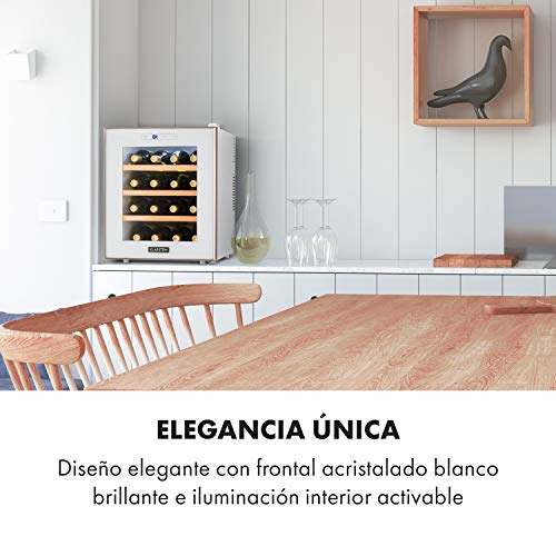 Klarstein Reserva 16 Blanco nevera para vinos - Vinoteca termoeléctrica, Eficiencia energética de tipo A, 34 dB, 1 zona, 48 litros de volumen, 16 botellas, 11-18 °C, Pantalla LED, Blanco