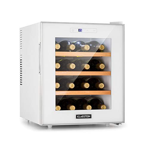 Klarstein Reserva 16 Blanco nevera para vinos - Vinoteca termoeléctrica, Eficiencia energética de tipo A, 34 dB, 1 zona, 48 litros de volumen, 16 botellas, 11-18 °C, Pantalla LED, Blanco