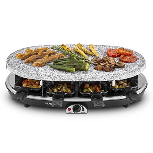 Klarstein Steaklette Raclette-Grill - Parrilla de mesa, Barbacoa-Party, 1500W, regulador de temperatura, Plancha de granito natural, 8 mini-sartenes, Antiadherente, Negro-plateado