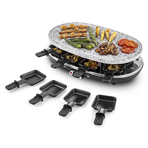 Klarstein Steaklette Raclette-Grill - Parrilla de mesa, Barbacoa-Party, 1500W, regulador de temperatura, Plancha de granito natural, 8 mini-sartenes, Antiadherente, Negro-plateado