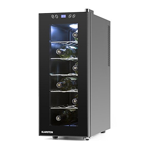 Klarstein Vinamora - Nevera para vinos, Nevera para Bebidas, Refrigerador gastronomía, 35 L, 12 Botellas, 5 Baldas de Acero Inoxidable, Iluminación LED, Módulo Independiente, Negro