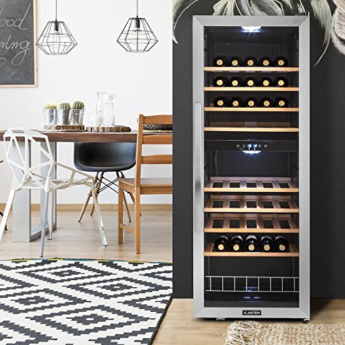 KLARSTEIN Vinamour - Nevera para vinos, Nevera para Bebidas, Refrigerador gastronomía, 2 Zonas, Iluminación LED, Módulo Independiente, Silencioso, Acero INOX, 54 Botellas, 8 Baldas, 148 L, Plateado