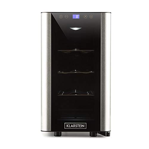 Klarstein Vinovista Picollo - Refrigerador para bebidas, Nevera para vinos, 24L, 8 botellas, 3 rejillas de metal, Iluminación LED, Silencioso, Temperatura de 8 °-18 °C, Negro-Plateado