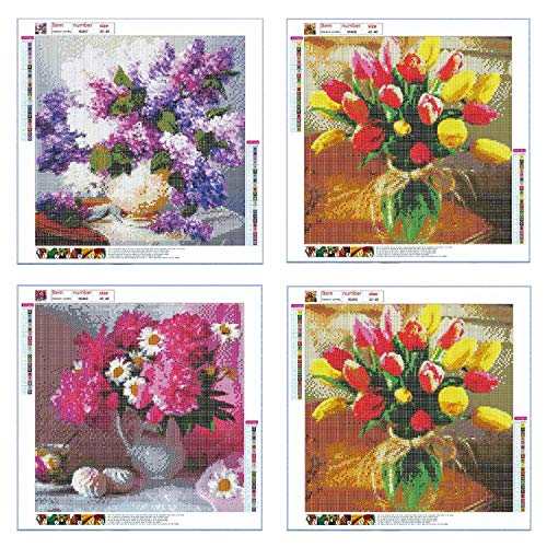 KRUCE 4 Paquetes de Kits de Taladro Completo DIY 5D Diamond Painting Art, Flor de Taladro Completo Floral para Adultos, decoración de la Pared del hogar para niños