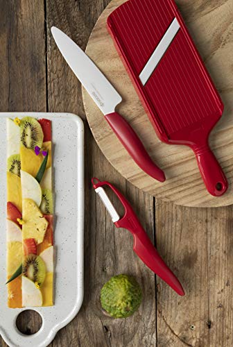 KYOCERA Rojo Corte y pelado, Juego, Cuchillo Santoku de 14 cm, pelador CP-10, Hoja de cerámica de circonio, Afilada a Mano, Ligera, no corrosiva, Apta para lavavajillas, roja