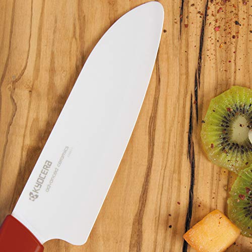 KYOCERA Rojo Corte y pelado, Juego, Cuchillo Santoku de 14 cm, pelador CP-10, Hoja de cerámica de circonio, Afilada a Mano, Ligera, no corrosiva, Apta para lavavajillas, roja