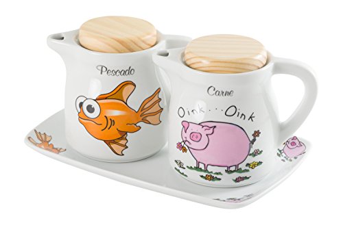 La Cija Pez y Cerdo Graseras de Porcelana con Bandeja, Blanco, 16.5x8x13.5 cm