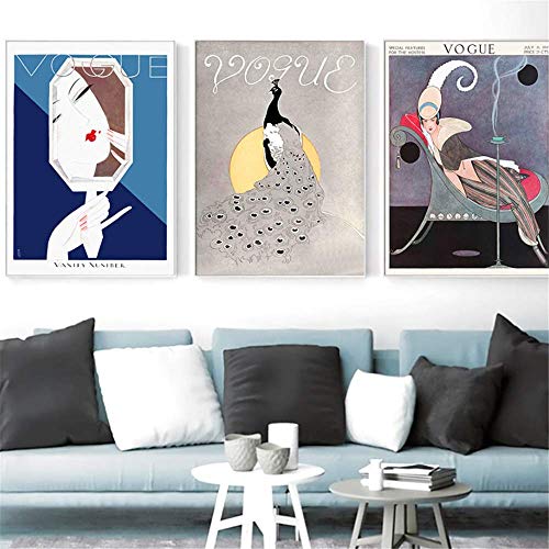 LangGe Impresión en Lienzo 3x30x50cm sin Marco Resumen Vintage Vogue Girl Peacock Mirror Moda nórdica Carteles e Impresiones Imágenes de Pared para la decoración de la Sala de Estar