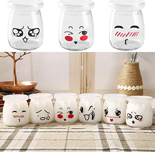 Langlee Set de 6 Vasos para Yogurtera, Vasos de Repuesto Tarros Cristal con Divertidas Emoticonos y Tapas, Tarro de Crema Postre Pudding Glass Jar (Capacidad: 200 ml)